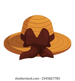 Stylish straw hat featuring a large brown bow, perfect for summer outings