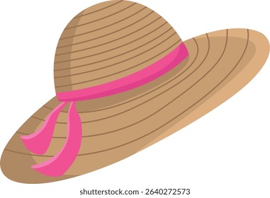 Stylish Straw Summer Hat with Pink Ribbon – Vector Illustration of Beach Accessory