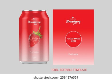 Stylish strawberry juice can label design featuring bright colors and a clean look, ideal for a refreshing, all-natural fruit drink.