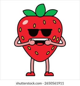 Stylish strawberry with sunglasses vector illustration. Playful fruit character ideal for festival posters and social media foodie content.