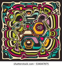 Stilvoll gestreifter abstrakter Hintergrund mit bunten Streifen, Ringen und Flecken. Fraktale Vektorgrafik. Abstrakte Kunst im ethnischen Stil der Maya