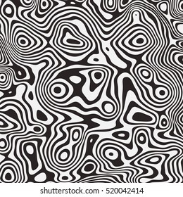 Stylish striped abstract background with wavy black and white stripes, rings and spots.  Zebra print. Abstract fractal vector illustration.