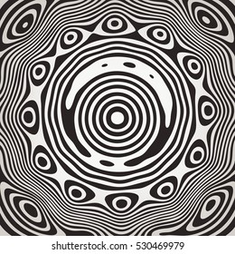 Stylish striped abstract background with wavy black and white stripes, rings and spots.  Zebra print. Vector illustration.