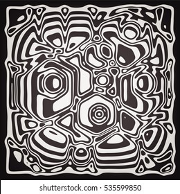 Stylish striped abstract background with wavy black and white stripes, rings and spots. Fractal vector illustration. Camouflage. 
