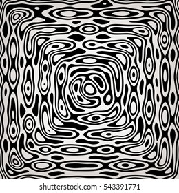 Stylish striped abstract background with wavy black and white stripes, rings and spots inside square. Fractal vector illustration. Camouflage.
