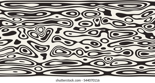 Stylish striped abstract background with wavy black and white stripes, rings and spots. Fractal vector illustration. Seamless pattern of wood texture. Camouflage. 