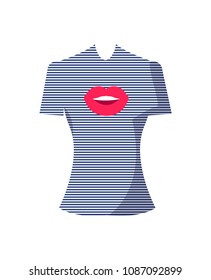 Stylish striped T-shirt with female red lips image. Summer clothes for women. Feminine skinny top with print. Fashionable tshirt vector illustration