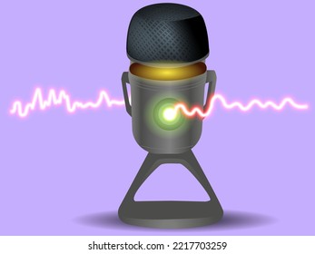 Elegante estudio Microfono con ondas sonoras para transmitir en un fondo violeta. Equipo sonoro para transmisiones en directo de alta calidad. Micrófono vectorial 3D con botones brillantes.