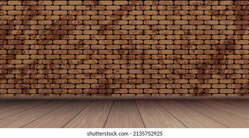 Stylish studio, panoramic red brick background with peeling paint, wooden floor - Vector illustration