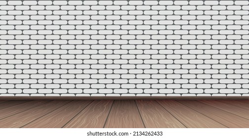 Estudio de diseño, fondo panorámico de ladrillo blanco, suelo de madera - Ilustración vectorial