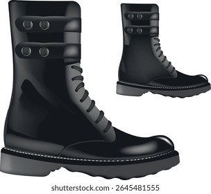 Botas de combate preto elegantes e resistentes com fivelas e cadarços, perfeitas para várias ocasiões