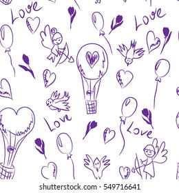 Stylish St.Valentine's Day vector seamless pattern. Cute childish hand drawn illustrations. St. Valentines Day vector background with silhouettes of balloons, hearts, birds, angels. Love is in the air
