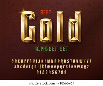 Stylish stylized golden and glossy shining font with numbers, upper and uppercase letters.