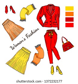 Stylish suit for women. Fashion trousers, skirt and jacket in bright colors. Set of clothes for a cocktail. Business fashion suit for women.