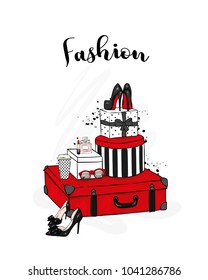 Stylish suitcase, boxes, shoes and bag. Clothes and accessories. Fashion & Style. Vector illustration for a postcard or a poster, print for clothes.
