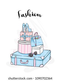 Stylish suitcase, boxes, shoes and bag. Clothes and accessories. Fashion & Style. Vector illustration for a postcard or a poster, print for clothes.
