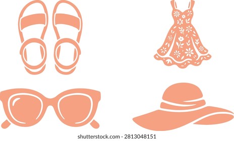 Stylish summer accessories including sandals, a dress, sunglasses, and a sun hat on a light background