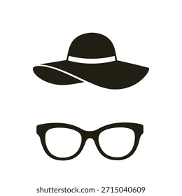 Elegante Ilustración vectorial de accesorios de verano. Sombrero de sol y gafas de sol para la playa o el viaje. Ropa de resort de moda.