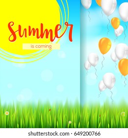 Stylish summer advertisement background. Blue summer sky backdrop with clouds, flying balloons, grass, daisies, ladybugs. Template mock-up for online shopping, advertising actions.