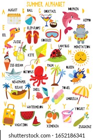 Stylish summer alphabet in vector. Lovely animals and items. Best abc-poster in a colorful style for children education and language study.