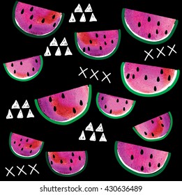 
Stylish summer background with watermelons . Vector drawing with paint texture watercolor .