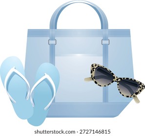 Un elegante conjunto de accesorios de playa de verano con una bolsa de mano azul claro, chanclas a juego y gafas de sol de ojo de gato con estampado de leopardo. Perfecto para vacaciones, junto a la piscina y diseños con temas de estilo de vida.