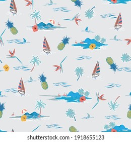 Stylish Summer Beautiful Island seamless seamless pattern , Landscape with palm trees, beach , hibiscus flower,pineapple,boat,ship,mountain bird of paradise and ocean vector hand drawn style on light