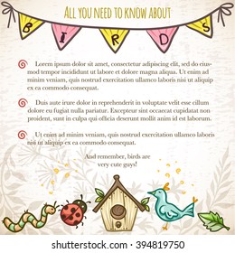 Stylish summer card template about birds with hand drawn elements.