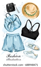 Stylish summer clothing set with hat, shorts, crop top, shoes, backpack and photo camera. Fashion clothes. Sketch. Vector illustration.