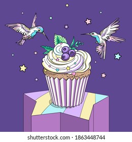 Elegante composición veraniega con quequitos de arándano y colibríes. Afiche de postre. Imagen para imprimir en cualquier superficie