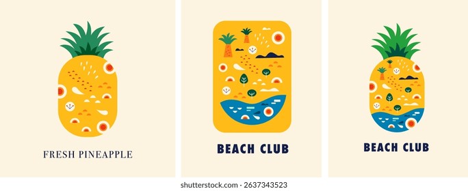 Stylish summer design with pineapple. Beach club posters	