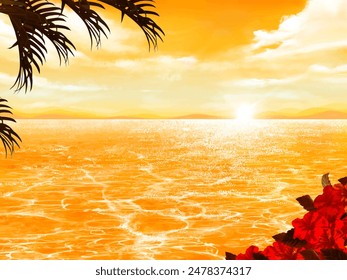 Stylish summer frame background with palm trees and hibiscus blooming along the beautiful ocean under the sunset sky.