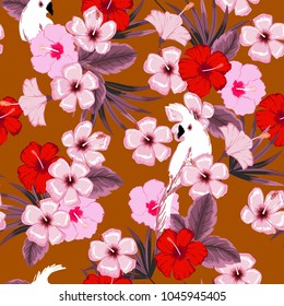Stylish summer on cool brown color background seammless vector forest and tropical leaves and hibiscus flowers pattern for fashion and all prints