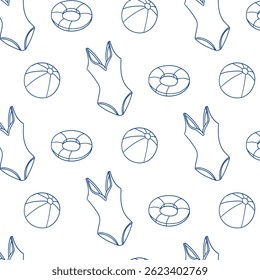 Stylish summer pattern featuring swimsuits and beach balls on a light background