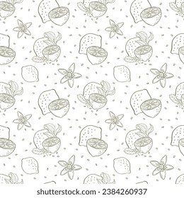 Stylish summer pattern with lemon branch, lemon flowers. Background with citrus fruits, vector illustration in graphic style, print. Suitable for packaging design, textiles and other things.