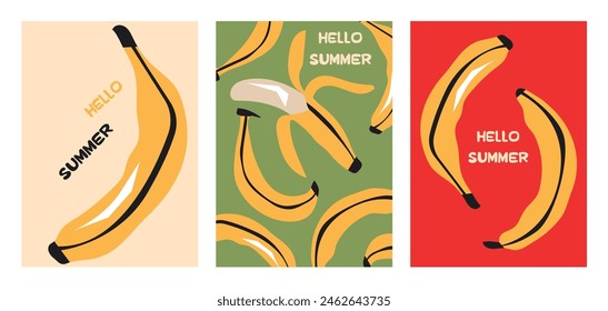 Póster de verano con estilo plátano en estilo plano. Composiciones de frutas brillantes. Conjunto de volantes, carteles, Anuncios, carteles, diseño de folletos. Hola Verano, fondos con rodajas de frutas.  Vector