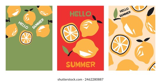 Elegante póster de verano de limón en estilo plano. Frutas composiciones brillantes. Conjunto de volantes, carteles, Anuncios, carteles, diseño de folletos. Hola Fondos de verano con rodajas de frutas.  Vector