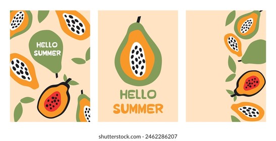 Stylish summer poster papaya set in flat style. Bright fruit compositions. Set of flyers, posters, banners, placards, brochure design. Hello Summer, backgrounds with slices of fruits. Vector
