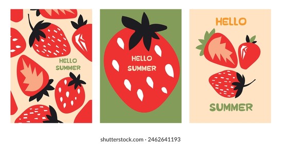 Elegante póster de verano de fresa en estilo plano. Composiciones de frutas brillantes. Conjunto de volantes, carteles, Anuncios, carteles, diseño de folletos. Hola Verano, fondos con rodajas de frutas.  Vector