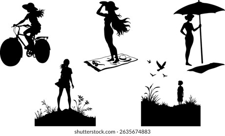 Stylish Summer Silhouettes of Beach Life, Swimwear, and Family Fun Vector Set