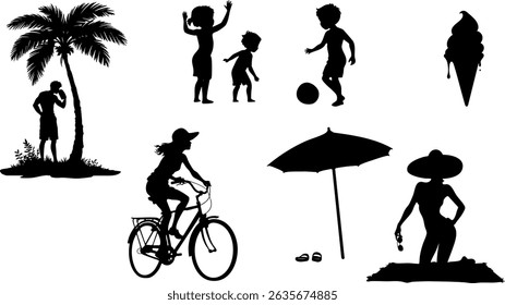 Stylish Summer Silhouettes of Beach, Swimwear, Vacation, and Outdoor Fun Vector Set