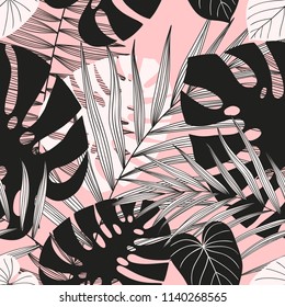 Stylish summer tropical palm leaves in pink, white, black, gold color palete. Summer seamless pattern background with monstera, philodendron leaf. Tropic paradise backdrop vintage theme.