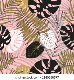 Stylish summer tropical palm leaves in pink, white, black, gold color palete. Summer seamless pattern background with monstera, philodendron leaf. Tropic paradise backdrop vintage theme.