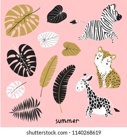 Stylish summer tropical palm leaves in pink, white, black color palete.