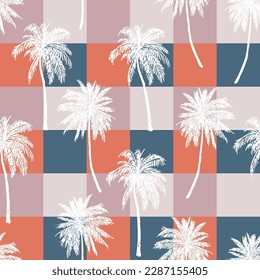 Stylish Summer Vacation Seamless pattern. Landscape, Modern Palm trees , Mountain beach and ocean vector hand drawn style ,Design for fashion , fabric, textile, and all prints 