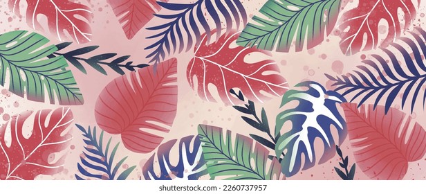 Stylish summer vector illustration in pink colors with palm leaves, monstera leaves, fern for wallpapers, backgrounds, covers, decor