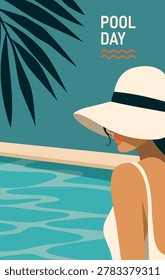 Stylish summer vector poster featuring a woman in a white swimsuit hat against a swimming pool background. For advertising pools, spas, summer design, vacations, social media posts, resort brochures