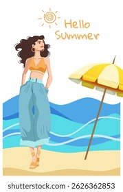 Stylish summer woman at the beach in elegant outfit. Minimalist vacation illustration perfect for seasonal ads, travel blogs, posters, or greeting cards. "Hello Summer" design.