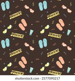 A stylish summer-themed pattern featuring flip-flops, sunglasses, sunscreen, and "SUMMER" text on a dark background. Perfect for summer projects, textiles, packaging, and promotional designs.