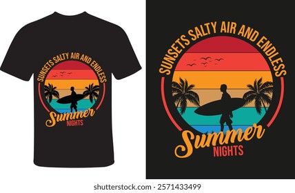 Stylish summer-themed T-shirt design featuring vibrant colors and tropical elements. Perfect for beach lovers, vacation vibes, and sunny day outfits. Ideal for custom apparel and summer collections